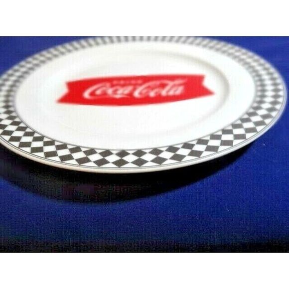Drink Coca Cola Checkered Diamond Ceramic Dinner Plate 10.5 Banner Logo Gift NEW - Picture 3 of 3